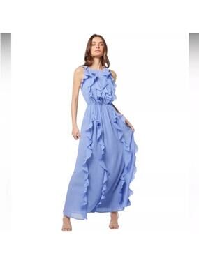 elliatt alabaster blue waterfall ruffle detail open back maxi gown dress small